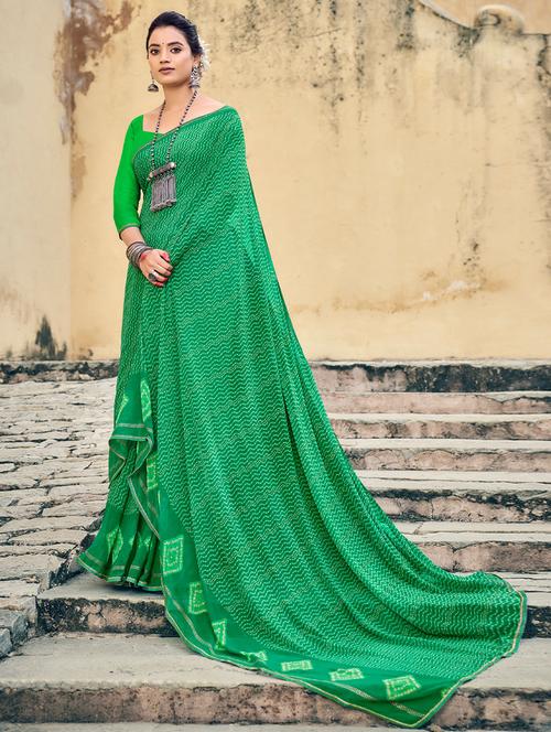 green chiffon printed woven saree with blouse - 19512259 - Very Small Image - 1