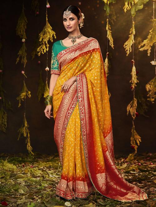 mustard self design woven saree with blouse - 19512267 - Very Small Image - 1