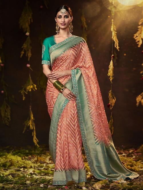 peach silk woven printed saree - 19512270 - Very Small Image - 1