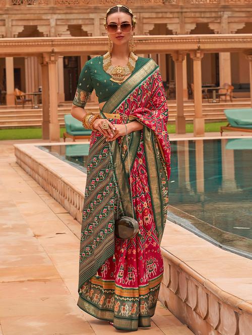 red silk woven printed saree with blouse - 19512300 - Very Small Image - 1