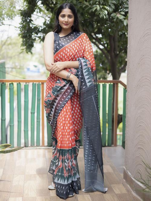 orange printed saree with blouse - 19512317 - Very Small Image - 1