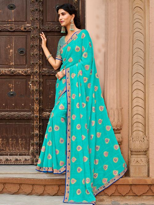 turquoise printed saree with blouse - 19512325 - Very Small Image - 1