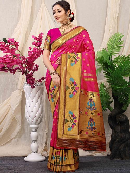 pink silk foil print woven saree with blouse - 19512350 - Very Small Image - 1