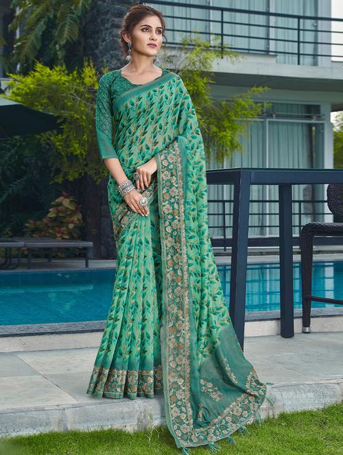 sea green linen printed woven saree - 19512357 - Very Small Image - 1