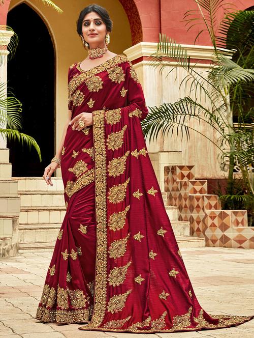 maroon self design embroidered saree with blouse - 19512369 - Very Small Image - 1