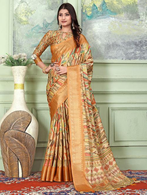 orange printed saree with blouse - 19512373 - Very Small Image - 1