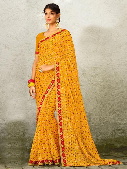 yellow printed saree with blouse - 19512382 - Very Small Image - 1