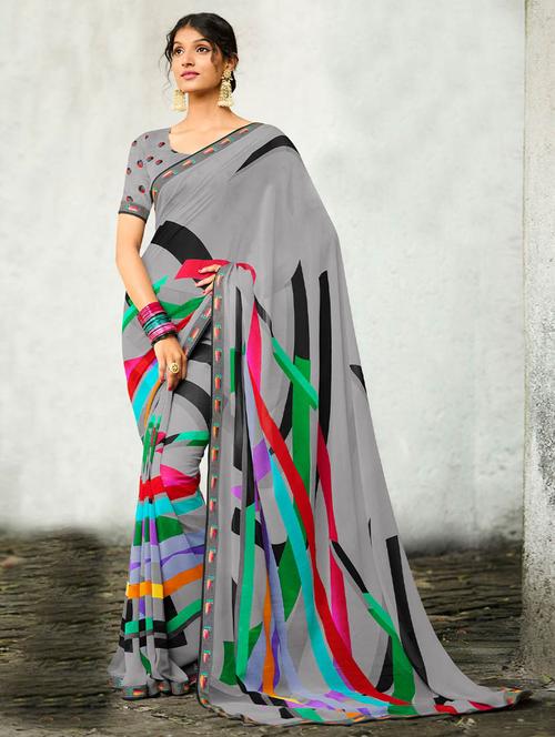 self designed printed saree with blouse - 19512383 - Very Small Image - 1