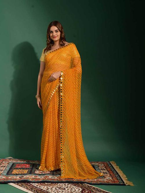 yellow leheriya printed saree with blouse - 19512412 - Very Small Image - 1