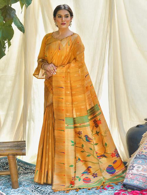 yellow silk printed woven saree with blouse - 19512417 - Very Small Image - 1