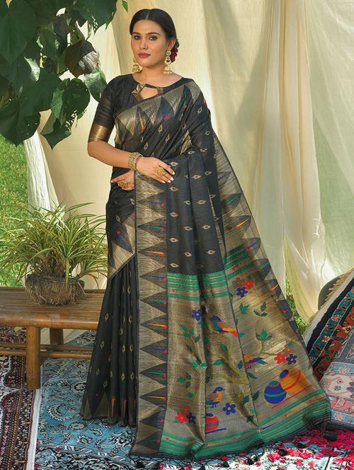 black silk printed woven saree with blouse - 19512424 - Very Small Image - 1