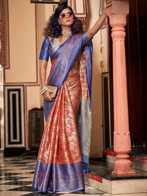 orange self design woven saree with blouse - 19512434 - Very Small Image - 1