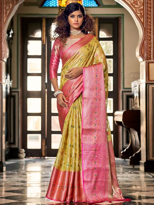 yellow self design woven saree with blouse - 19512441 - Very Small Image - 1