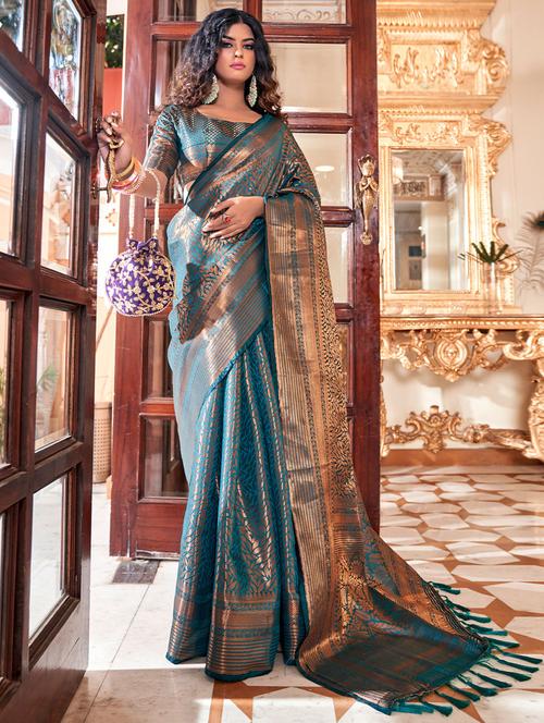 teal self design woven saree with blouse - 19512446 - Very Small Image - 1