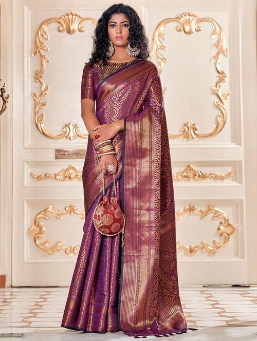 purple self design woven saree with blouse - 19512448 - Very Small Image - 1