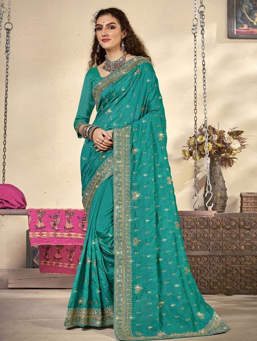 turquoise silk embroidered saree with blouse - 19512455 - Very Small Image - 1