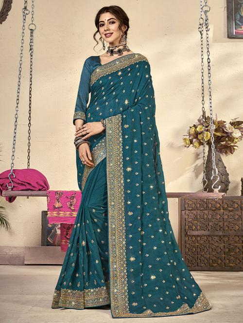 teal bordered saree with blouse - 19512460 - Very Small Image - 1