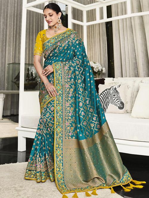 teal self design woven saree with blouse - 19512495 - Very Small Image - 1