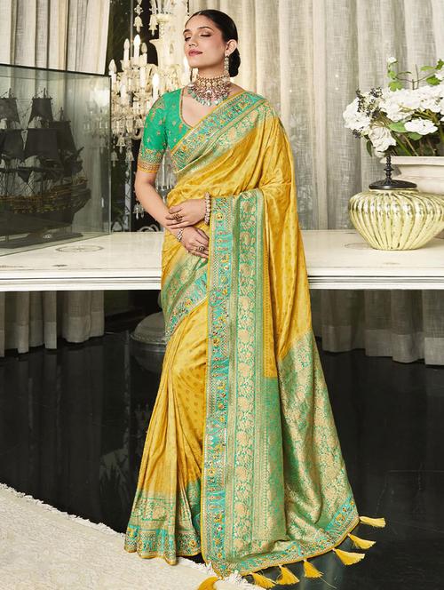 yellow self design woven saree with blouse - 19512499 - Very Small Image - 1