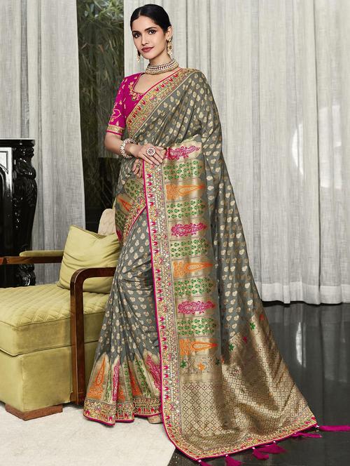 grey silk foil print woven saree - 19512500 - Very Small Image - 1
