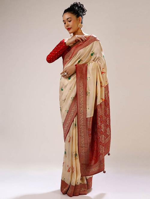 cream silk printed woven saree with blouse - 19512511 - Very Small Image - 1