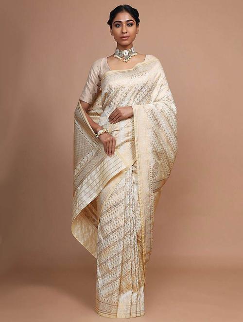 cream self design woven saree with blouse - 19512521 - Very Small Image - 1