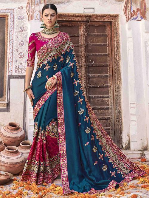 blue self design embroidered saree with blouse - 19512556 - Very Small Image - 1