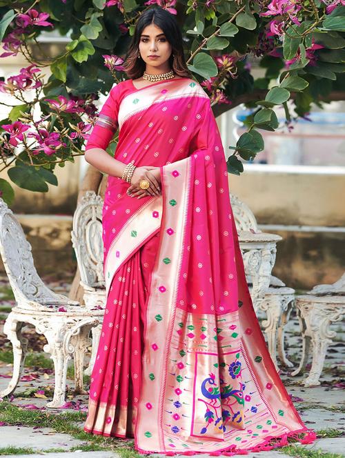 pink self design woven saree with blouse - 19512571 - Very Small Image - 1