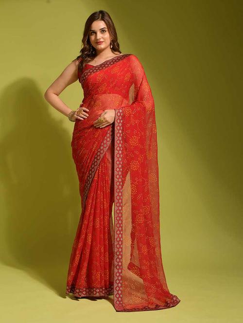 red printed bordered saree with blouse - 19512574 - Very Small Image - 1