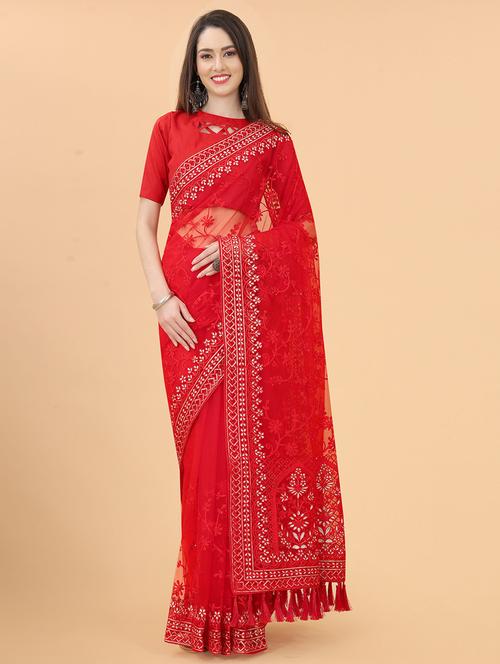 red self design embroidered saree with blouse - 19512576 - Very Small Image - 1