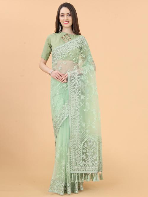 light green self design embroidered saree with blouse - 19512577 - Very Small Image - 1