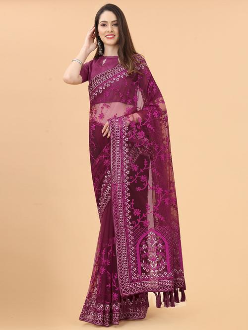 purple self design embroidered saree with blouse - 19512578 - Very Small Image - 1