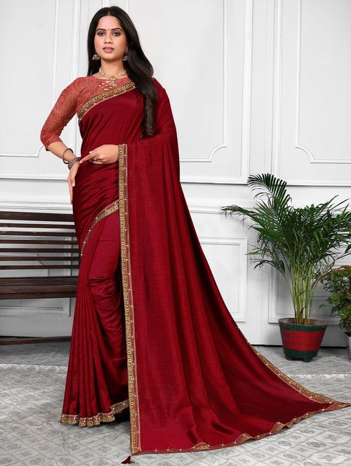maroon plain silk saree with blouse - 19512590 - Very Small Image - 1