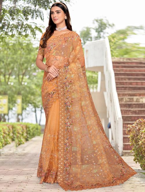 orange net embroidered saree with blouse - 19512597 - Very Small Image - 1