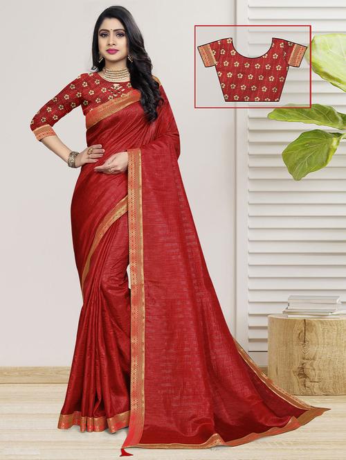 red silk plain golden bordered saree with blouse - 19512609 - Very Small Image - 1