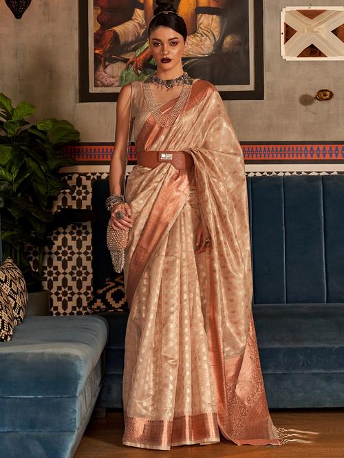 cream silk banarasi contrast bordered saree - 19512611 - Very Small Image - 1