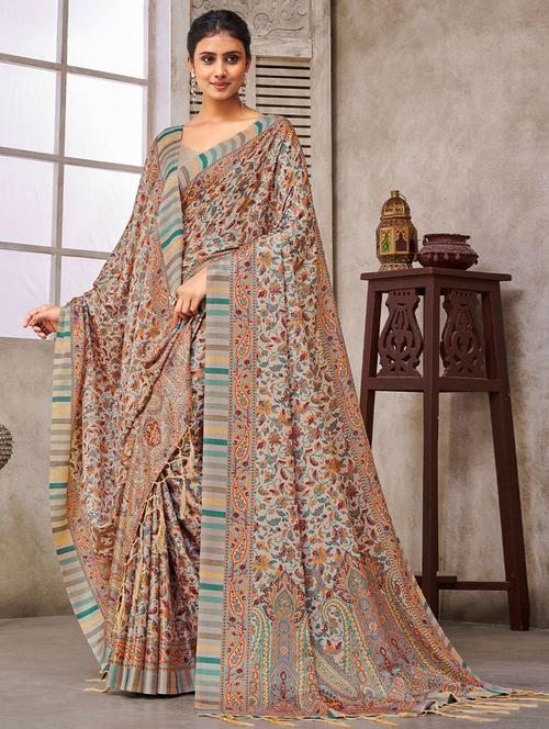 beige silk printed saree - 19512627 - Very Small Image - 1
