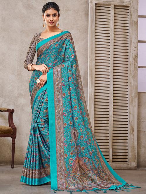 turquoise silk printed saree with blouse - 19512632 - Very Small Image - 1