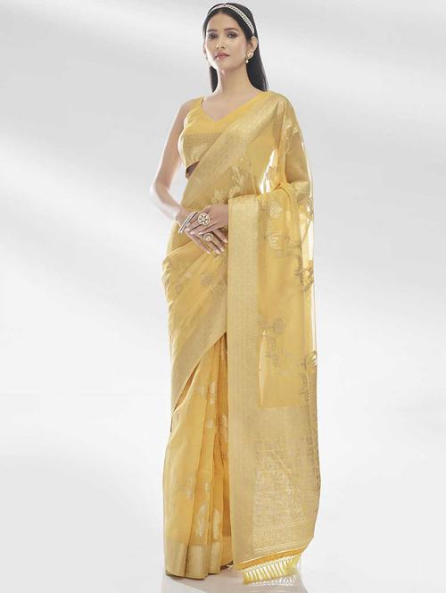 yellow organza self design woven saree with blouse - 19512686 - Very Small Image - 1