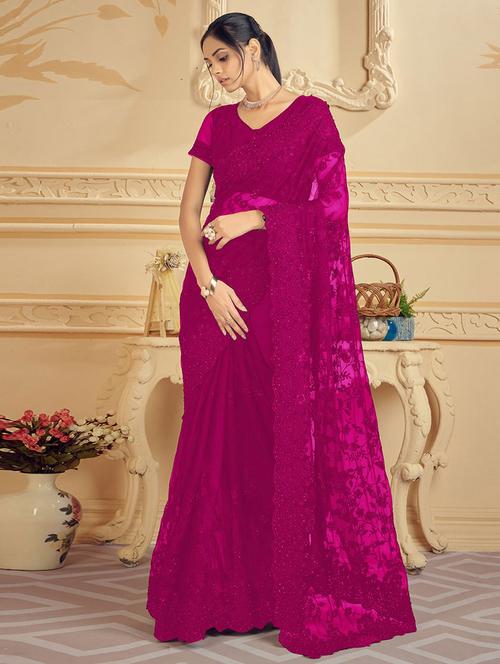 magenta net embroidered saree with blouse - 19512718 - Very Small Image - 1