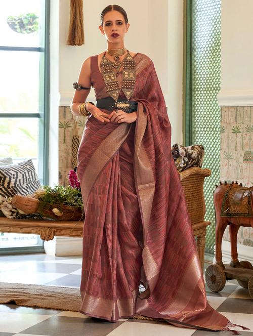 mauve silk woven golden bordered saree with blouse - 19512736 - Very Small Image - 1