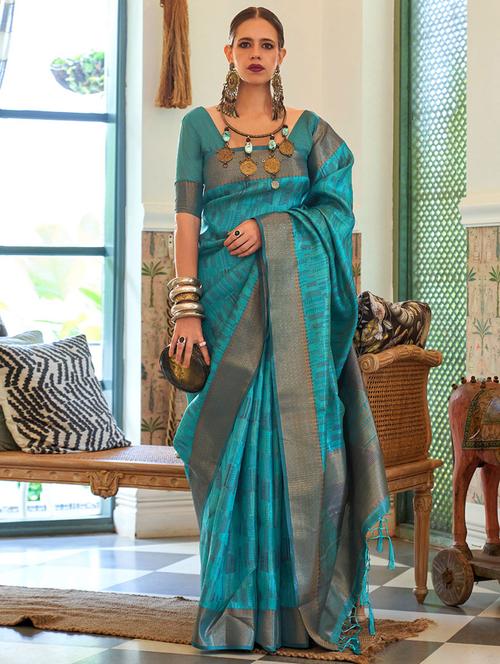 turquoise silk woven bordered saree with blouse - 19512737 - Very Small Image - 1