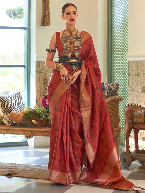 rust silk woven bordered saree with blouse - 19512741 - Very Small Image - 1