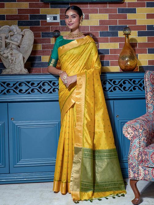 yellow silk printed golden bordered saree with blouse - 19512742 - Very Small Image - 1