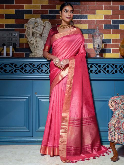 pink silk printed golden bordered saree with blouse - 19512743 - Very Small Image - 1
