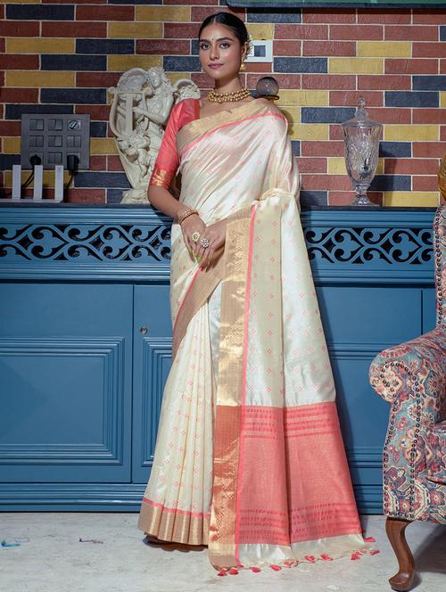 off white silk printed golden bordered saree - 19512745 - Very Small Image - 1