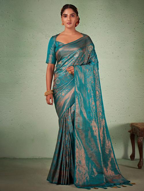 blue silk blend kanjivaram saree - 19512753 - Very Small Image - 1