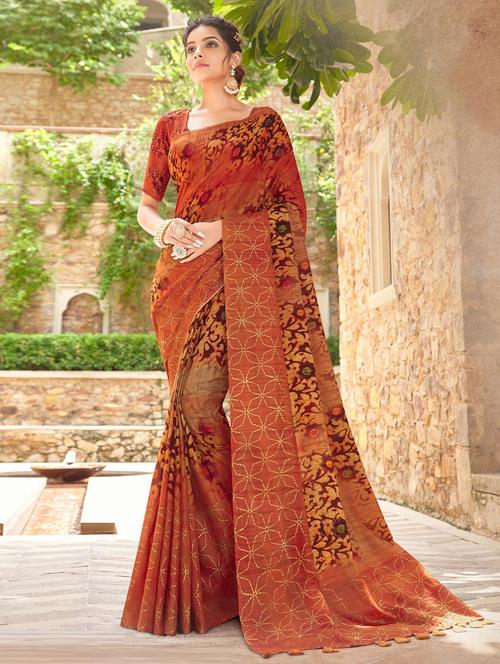 rust silk printed saree - 19512762 - Very Small Image - 1
