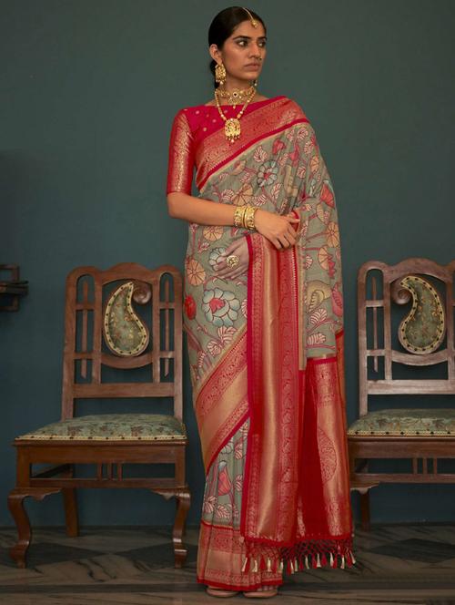 grey tussar silk printed saree - 19512769 - Very Small Image - 1