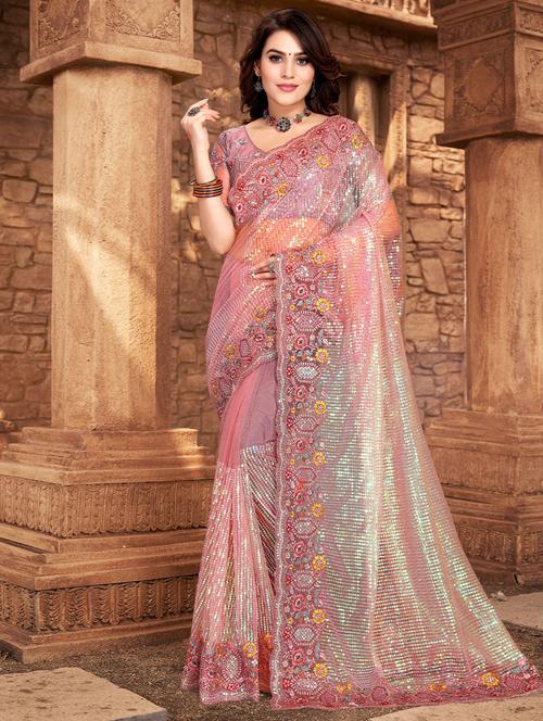 pink net sequence embroidered saree with blouse - 19512777 - Very Small Image - 1